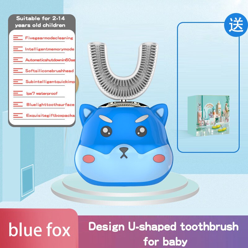 Intelligente 360-Graden Elektrische U-Vormige Tandenborstels Voor Kinderen Bevatten Automatische Ultrasone Tanden Ceaning En Whitening Auto: Blue fox