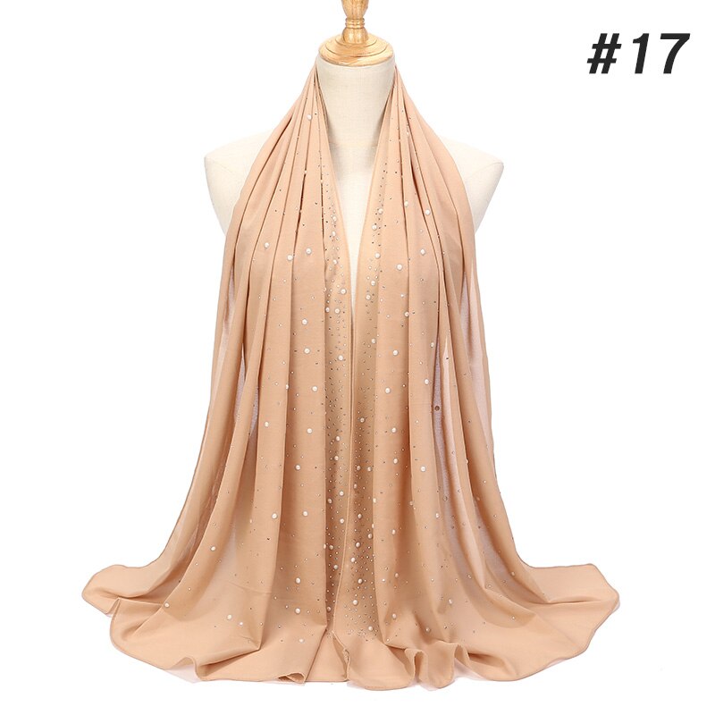 1 Pc Vrouwen Bellen Chiffon Sjaal Met Diamant Studs Parels Sjaal Vlakte Hijab Sjaals Wraps Effen Kleur Moslim hijab Sjaal: color17