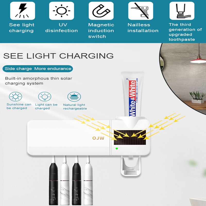 UV Sanitizer Toothbrush Sterilizer With Automatic Toothpaste Dispenser Kill 99.9% Germs Atibacteria UV Cleaner Toothbrush Holder