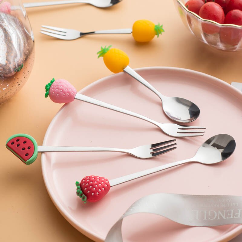 Stainless Steel Fruit Fork Dessert Coffee Spoon Color Fruit Pattern Mixing Scoop Tableware Cutlery Dinnerware Set Kitchen Tool