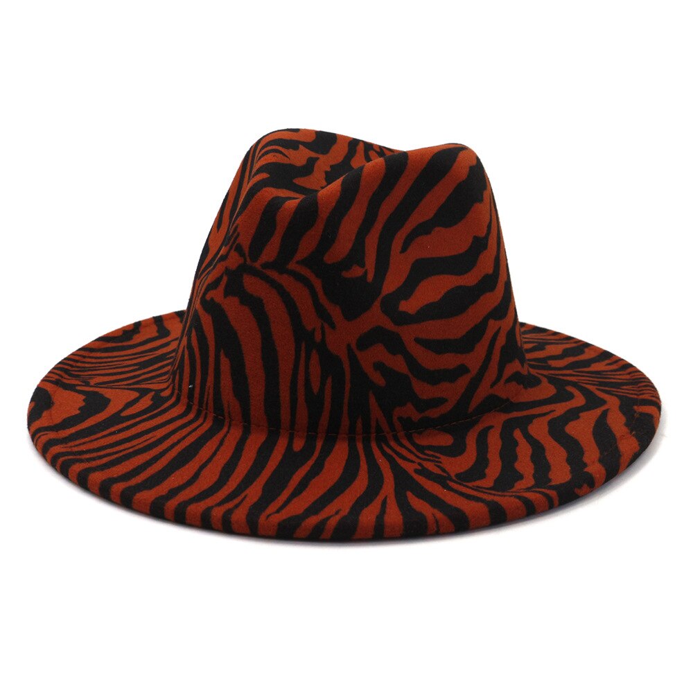 QBHAT Zebra Pattern Artificial Wool Felt Fedora Hats Women Men Large Brim Jazz Party Cap Panama Style Cowboy Hat: wine red