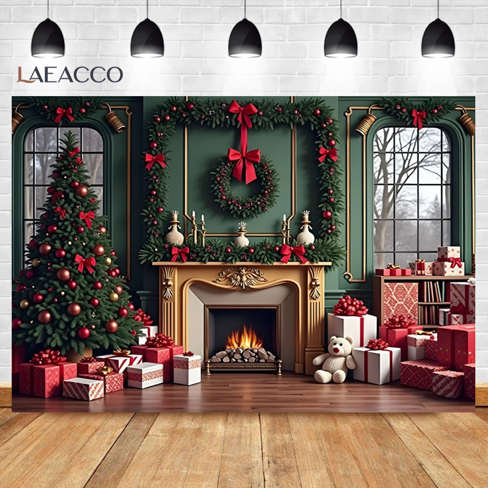 Christmas Green Wall Photography Background Interior Vintage Fireplace Xmas Tree Kid Family Party Portrait Backdrop