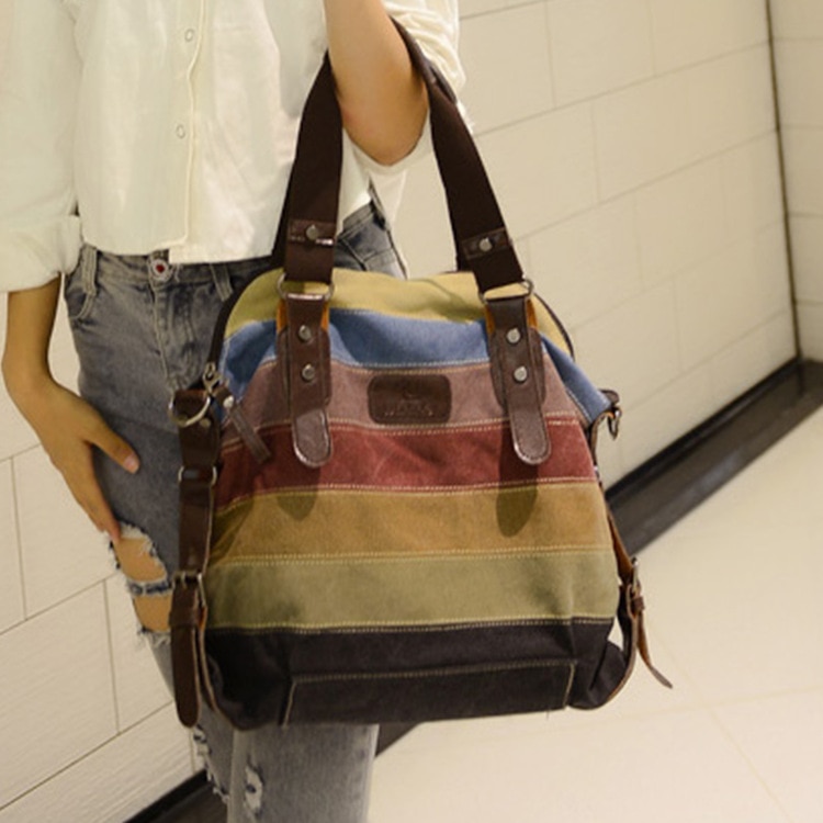 Canvas Totes Striped Womens Handbag Patchwork Rainbow Shoulder Bag Female Casual Crossbody Bag Sac a Main: Default Title