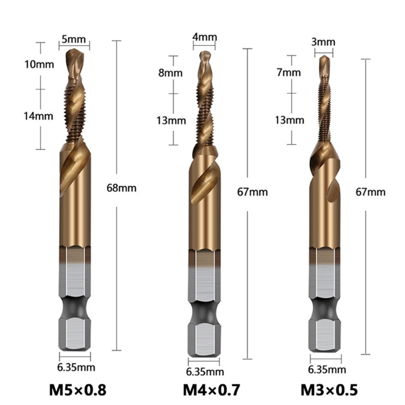 Combination 1/4" Hex Twist Tap Drill HSS M3-M10 Bit Screw Countersink Hexagonal Handle Metric Taps Cobalt Plated