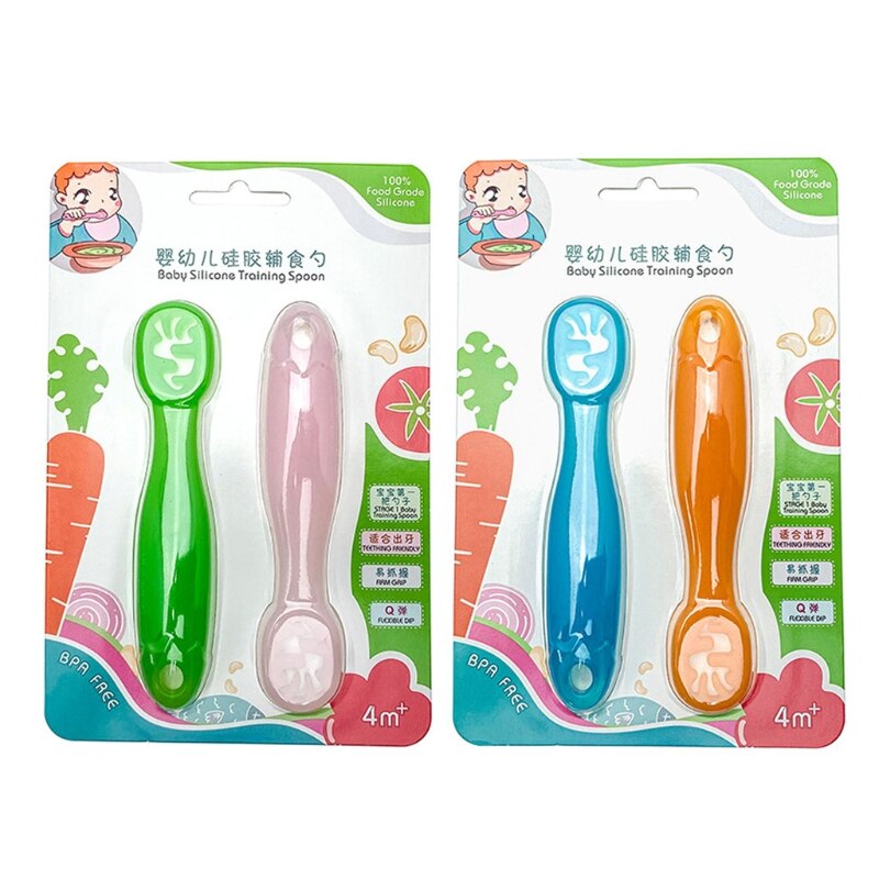 2 Stuks Mooie Baby Leren Lepels Set Infant Toddler Antislip Voeden Training Keukengerei Servies Siliconen Bijtring
