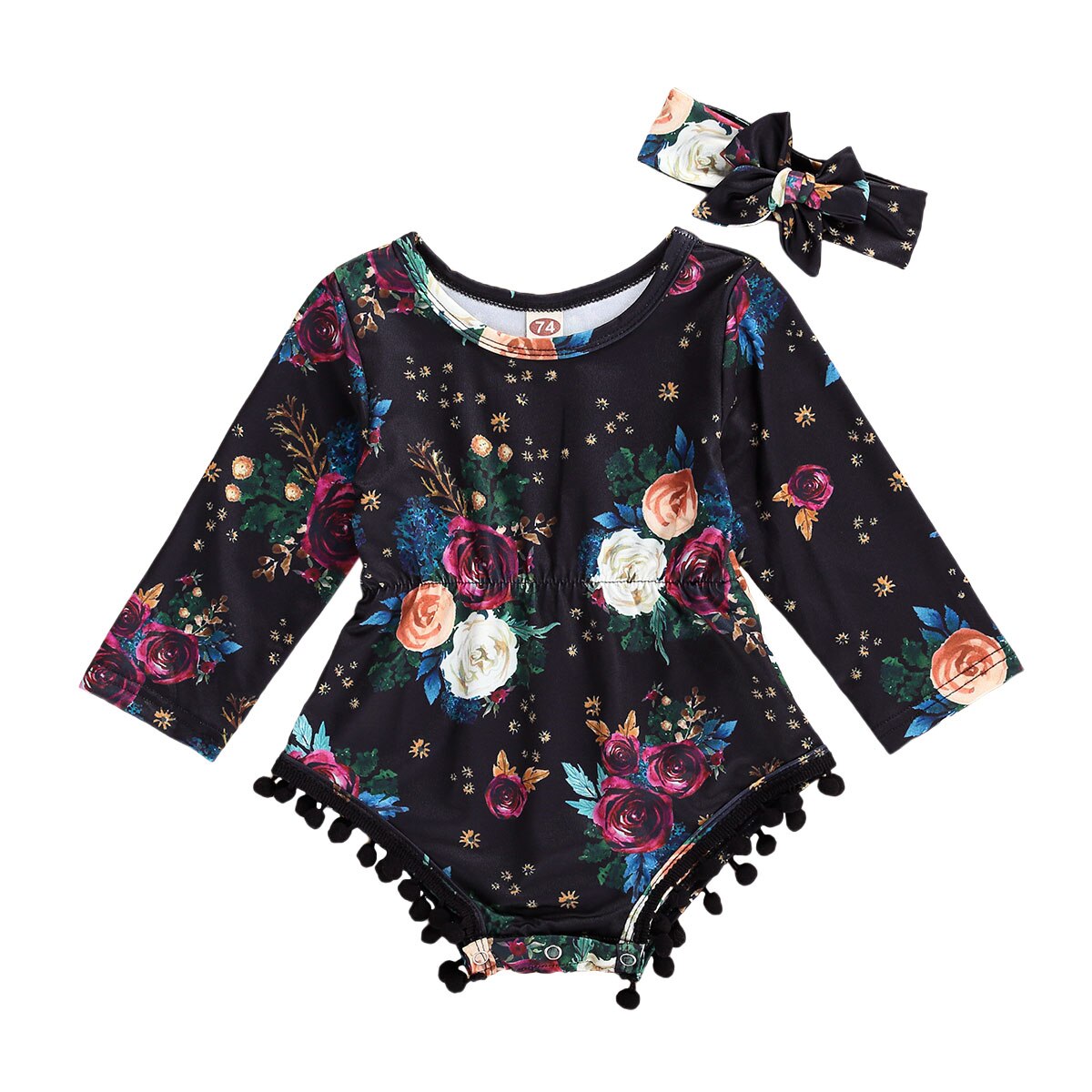 Pasgeboren Baby Meisje Jongen Lange Mouw Melk Zijde Jumpsuits Lente Herfst Bodysuit Kwastje Ballen Bloemen Playsuit Hoofdband: Black / 6m