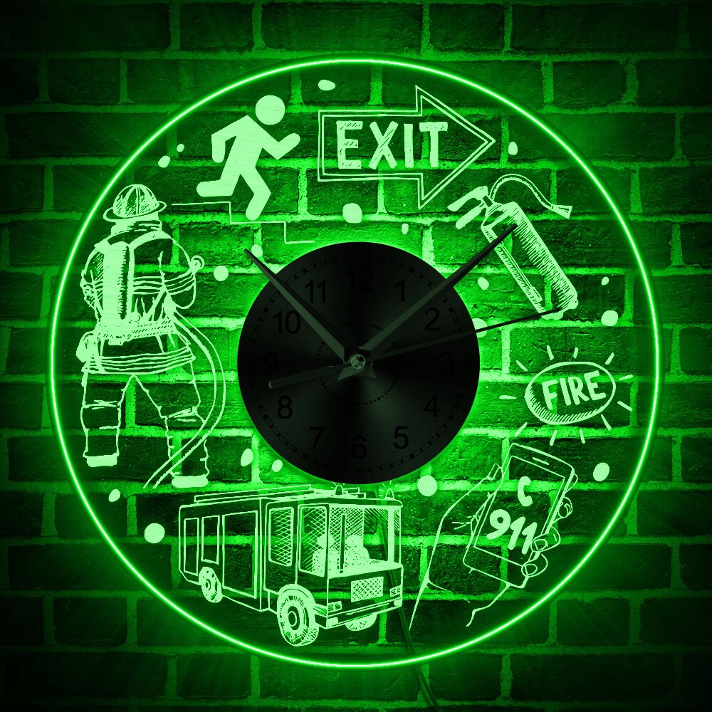 Fire Rescue Fire Dept.LED Lighting Wall Clock Public Safety LED Acrylic Wall Sign Fire Fighting Elements Illuminated Wall Decor