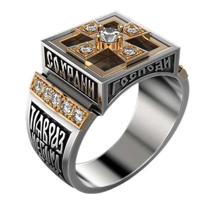 Classic Cross of Lorraine Signet Cool Punk Finger Silvery Rings Men Alloy Crystal Zircon Shiny Reinstone Jewelry: 12