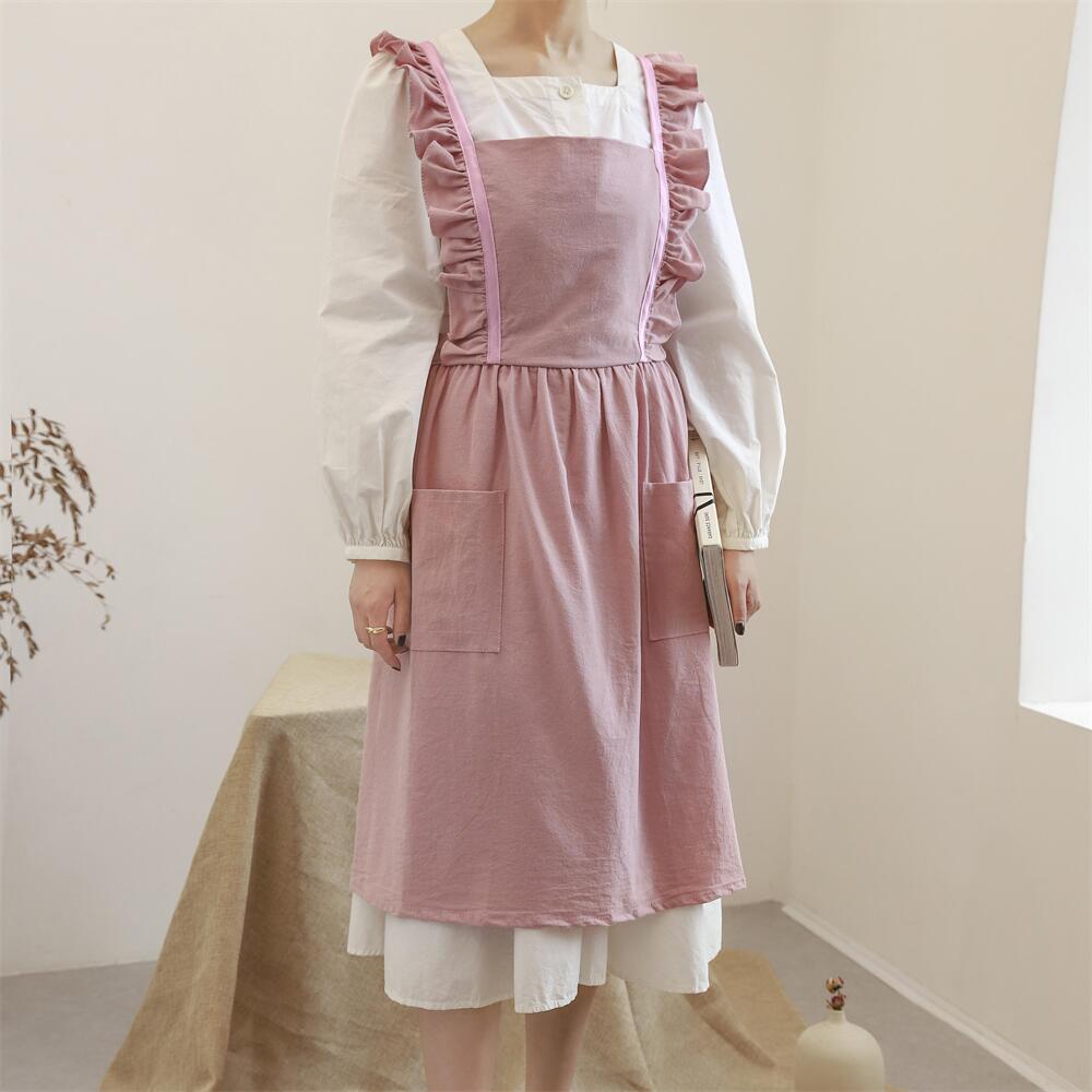Washed Cotton Linen Kitchen Apron For Cooking Baking Flower Shop Ruffles Work Clean Apron for Woman Uniform Lady Dress