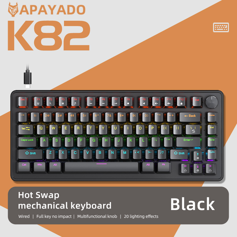 75% klawiatura mechaniczna przewodowa z pokrętłem multimedialnym, czarna klawiatura do gier APAYADO, funkcja Hot-Swap, nakładka ABS, przezroczyste podświetlenie znaków: Black / Niebieski przełącznik