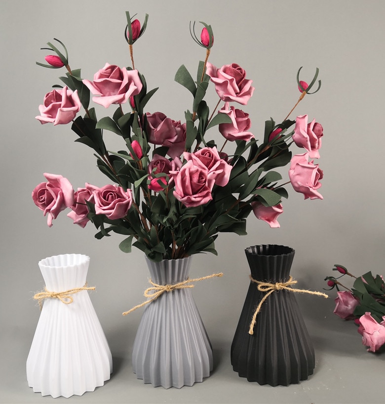 Wit Imitatie Rotan Plastic Vaas Met Taille Bloemen Vazen Voor Woningen Woonkamer Decoratie Vaas