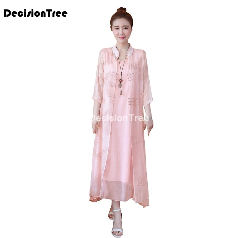 chinese dress qipao suit cotton linen cheongsam Two Piece Midi Dresses Vestidos Casual embroidery cardigan + dress robe