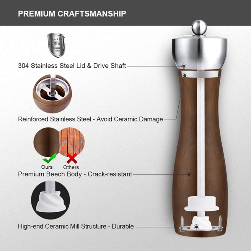Zout En Pepermolen Set Massief Hout Spice Pepermolen Verstelbare Keramische Kern Koffiemolen Keuken Koken Tool Premium Beukenhout