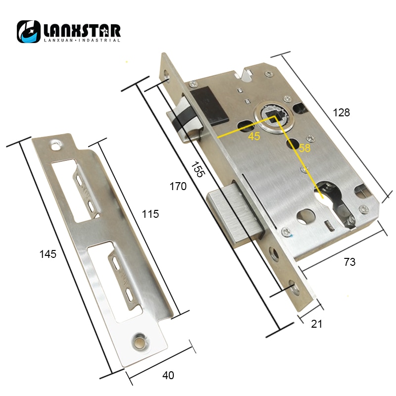 Luxury 304 Stainless Steel Big 58Size Handle Lock Lockbody Nylon Mute Harping Oblique Tongue Double Pulley and Bearing Lock Body