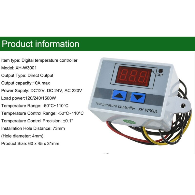 W3001 digital kontrol temperatur mikrocomputer 10 a 12v 24v 220v led temperatur til inkubator køling varmeafbryder termostat