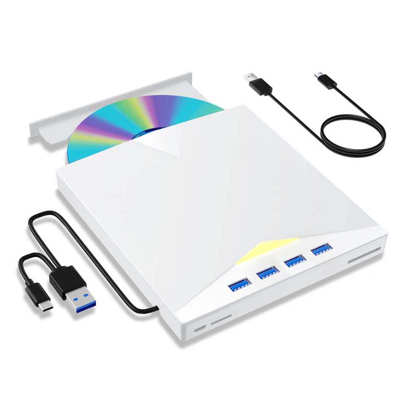 External CD DVD Drive with 4 USB Ports and 2 TF/SD Card Slots, USB 3.0 Portable CD/DVD Disk Drive Player Burner Reader Writer: WHITE