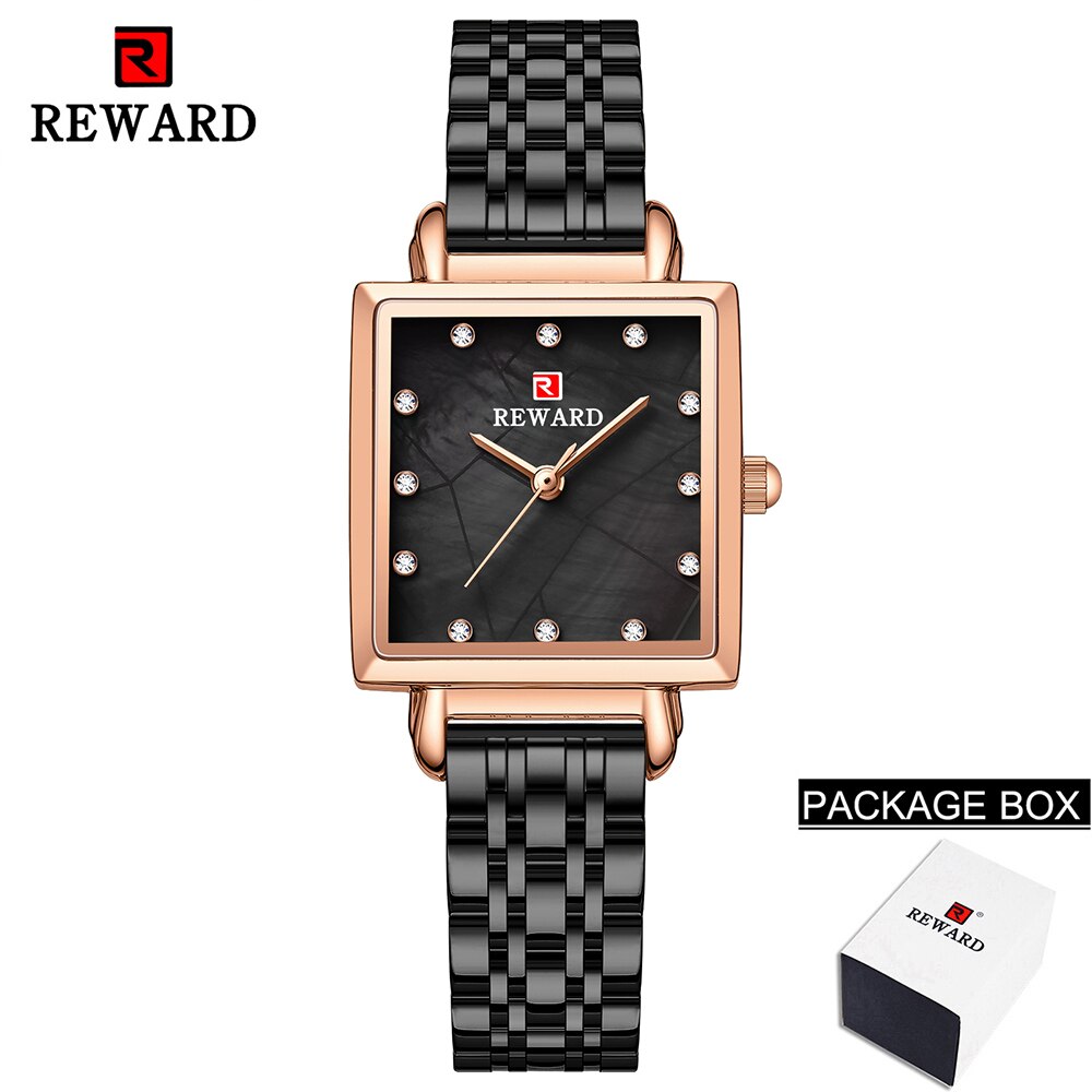 Reloj de cuarzo cuadrado para mujer, pulsera de acero inoxidable de oro rosa Simple, resistente al agua, 2022: Black Box
