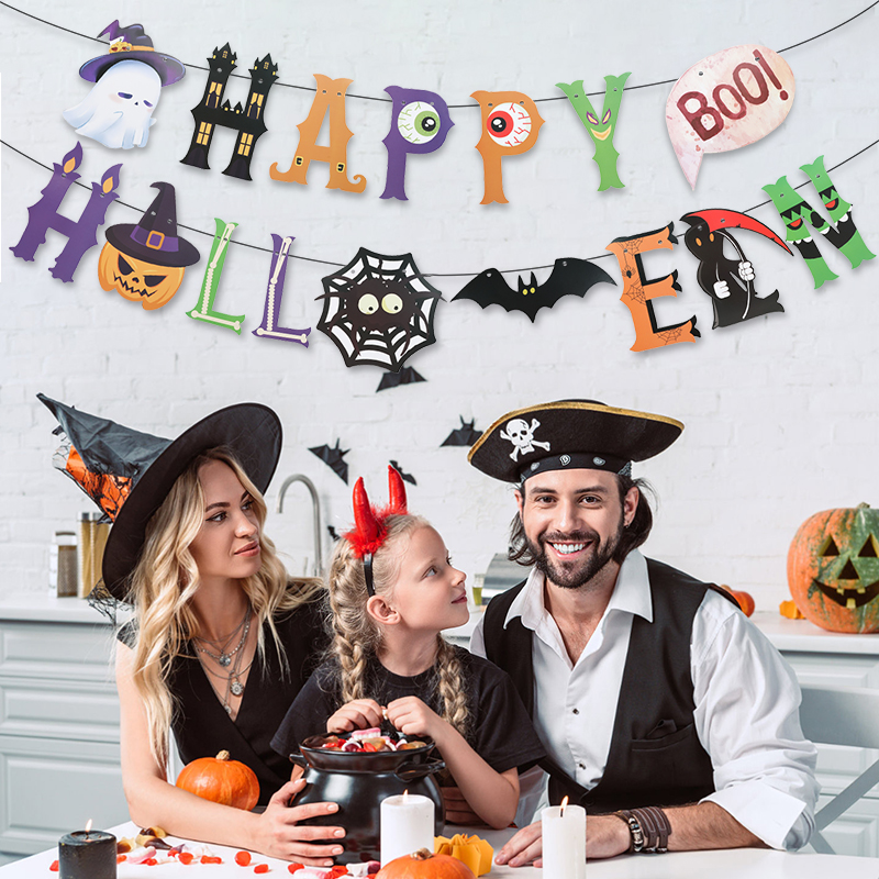 Halloween Party Banner Hanging Pendants Bat Pumpkin Paper Garland Trick or Treat Happy Halloween Decoration Supplies Home