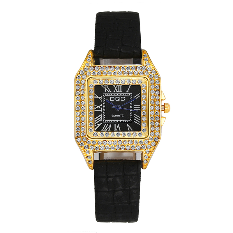 W nowy plac owalny damski zegarek rzymski Gypsophila moda kwarc osobowości diament w stylu retro prosty zegarek: czarny złoto