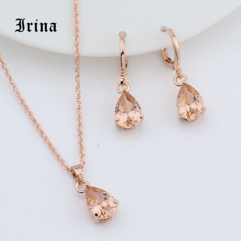 Irina 1Set Rose Gold Color AAA Oval Cut cubic zirconia Charming necklace Cute pendant earrings jewelry set: champagne