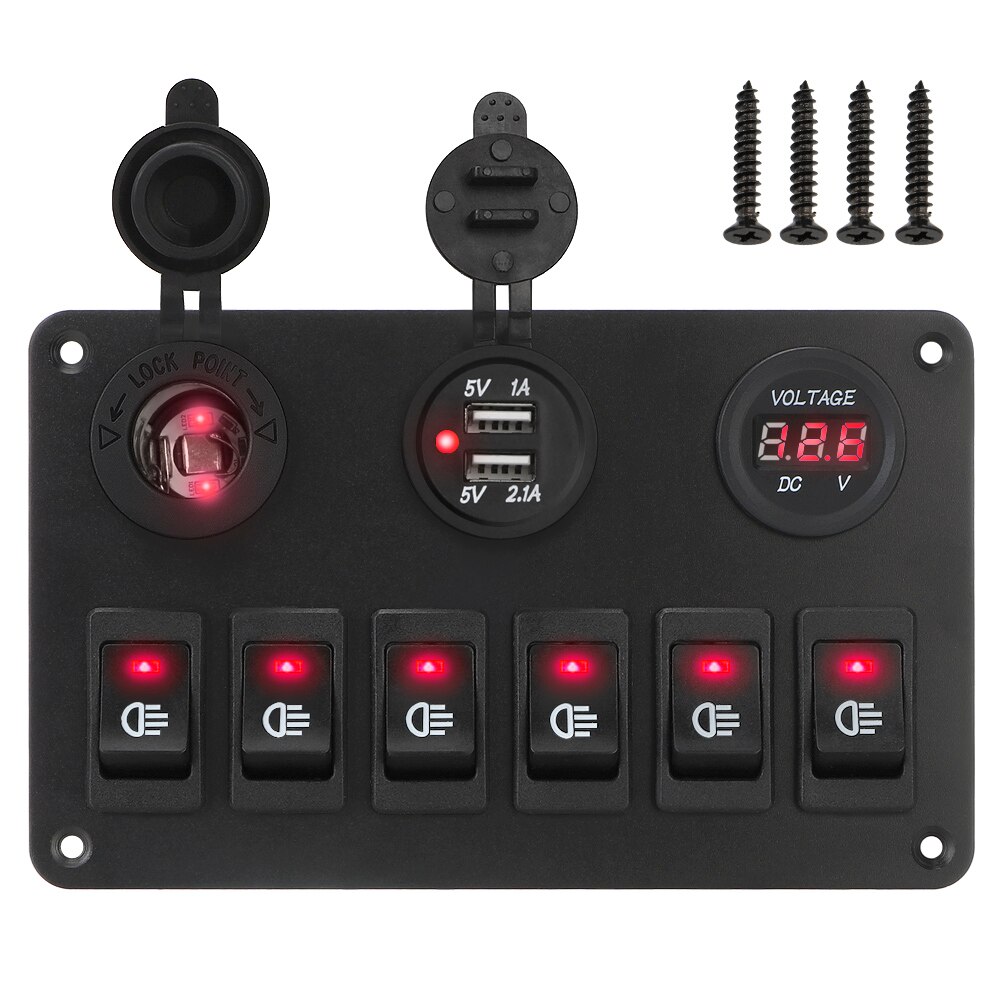 Dc 12v/24v 6/2 gangs vippekontakt panel vandtæt dobbelt usb porte led digital voltmeter afbryder tænd/sluk lys bil marine: Rød