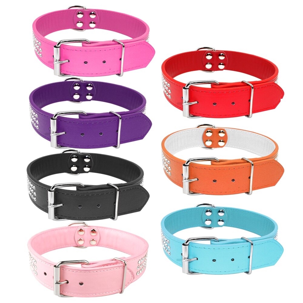 3 Rows Rhinestone Dog Collar Leather Dog Collars 1.5inch Wide For Medium Large Pet 5 Colors 2 Sizes
