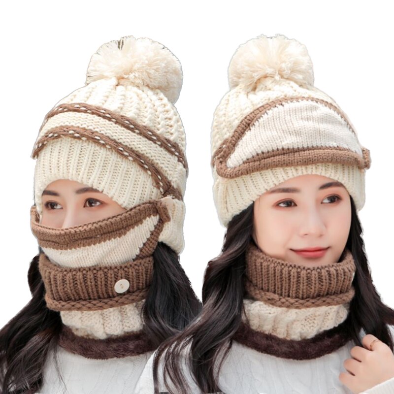 Bingyuanhaoxuan 3 in 1 varm tyk strikket beanie hat tørklæde og maske sæt slouchy sne strik cap uendelig tørklæde til kvinder