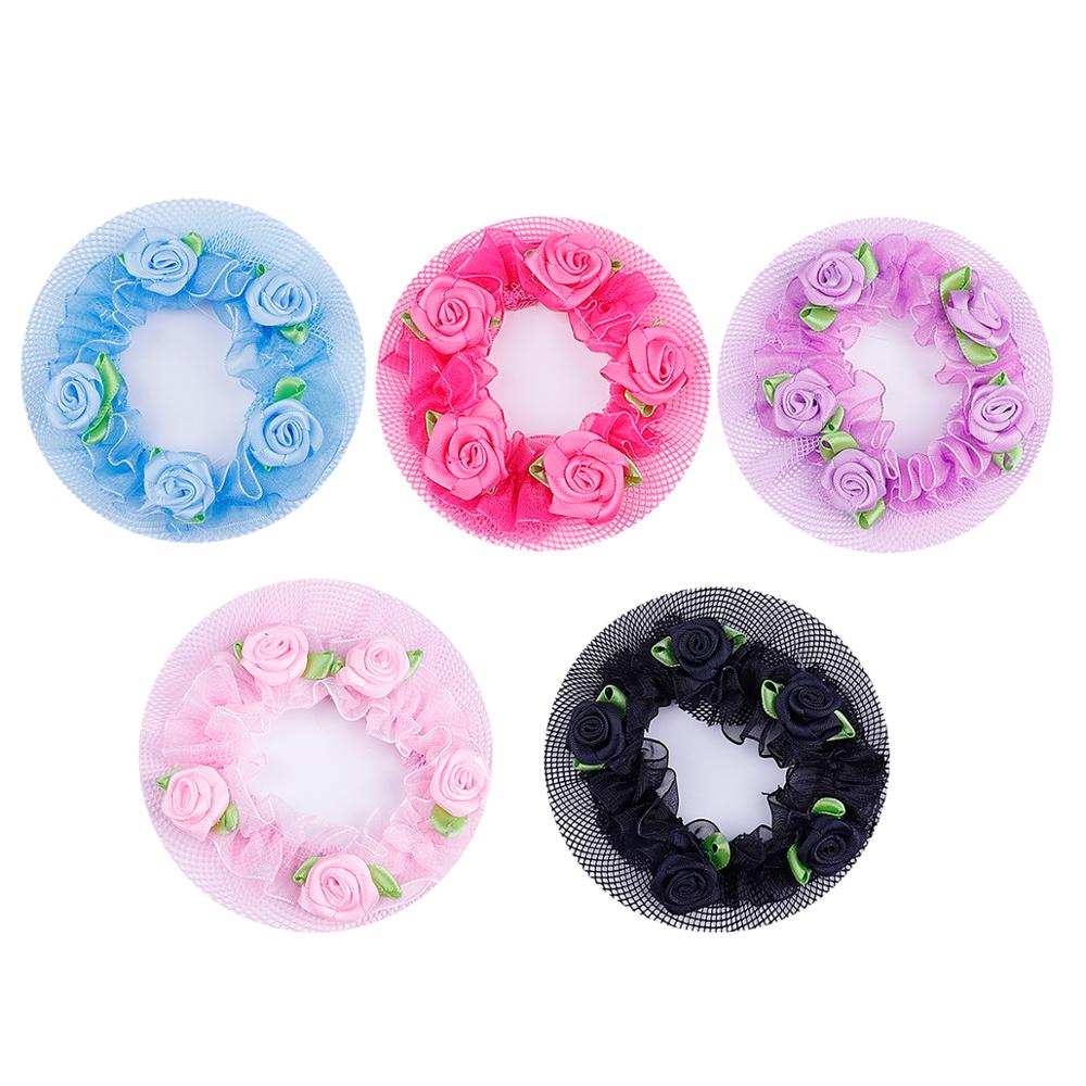 8.5cm Cute Flower Girls 2-5Pcs Bun Hair Nets Adjustable Kids 5 Colors Ballet Dance Examination Elastic Hair-net Styling Braider: mix6 5pcs