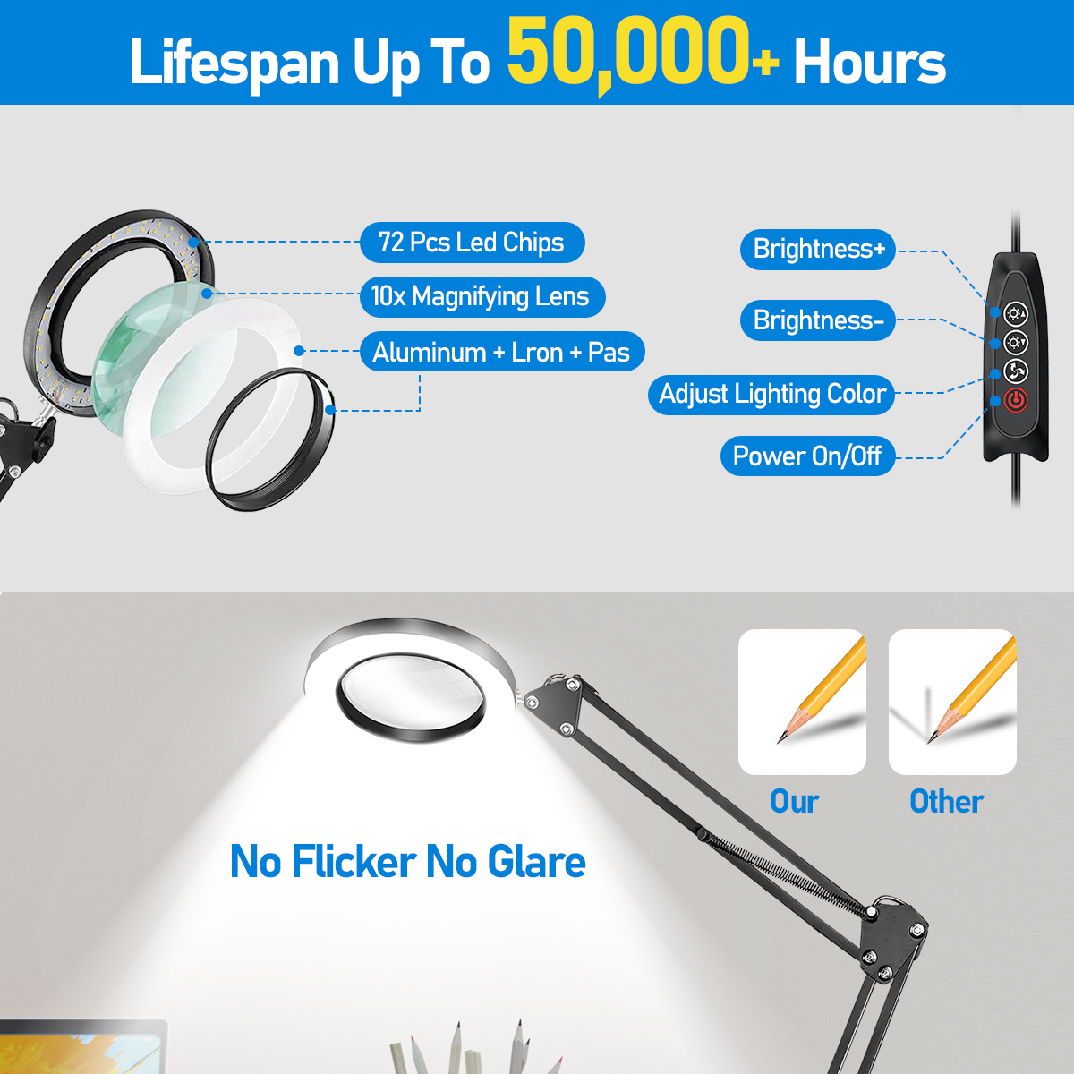 10x LED-vergrootglas bureaulamp met licht en klem, 3 kleurmodi verstelbare draaiarm - vergrootlamp voor lezen van dichtbij werken