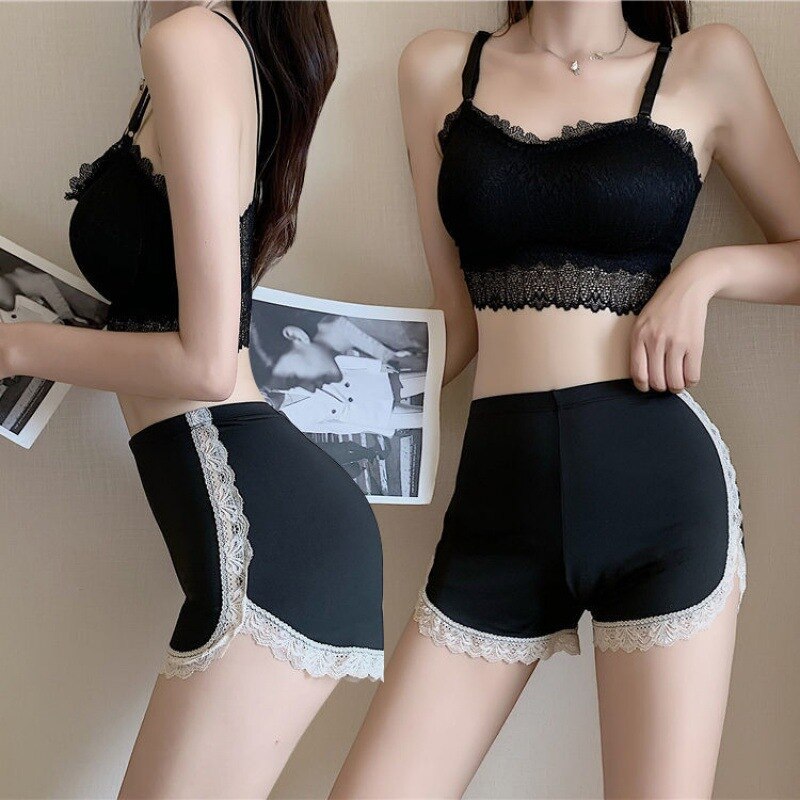 FUFUCAILLM-pantalones cortos de seguridad para mujer, pantalón adelgazante con dobladillo de encaje, cintura alta, antisnooping, ropa de verano para el hogar