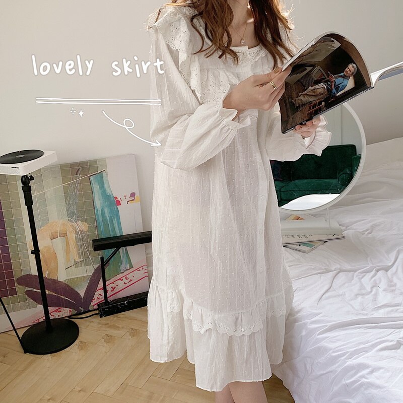Casual Jacquard Lacework Witte Nachtjapon Vrouwen Stip Enkele Breasted Ruches Lange Mouwen Nachthemd Slaap Jurk Koreaanse D108
