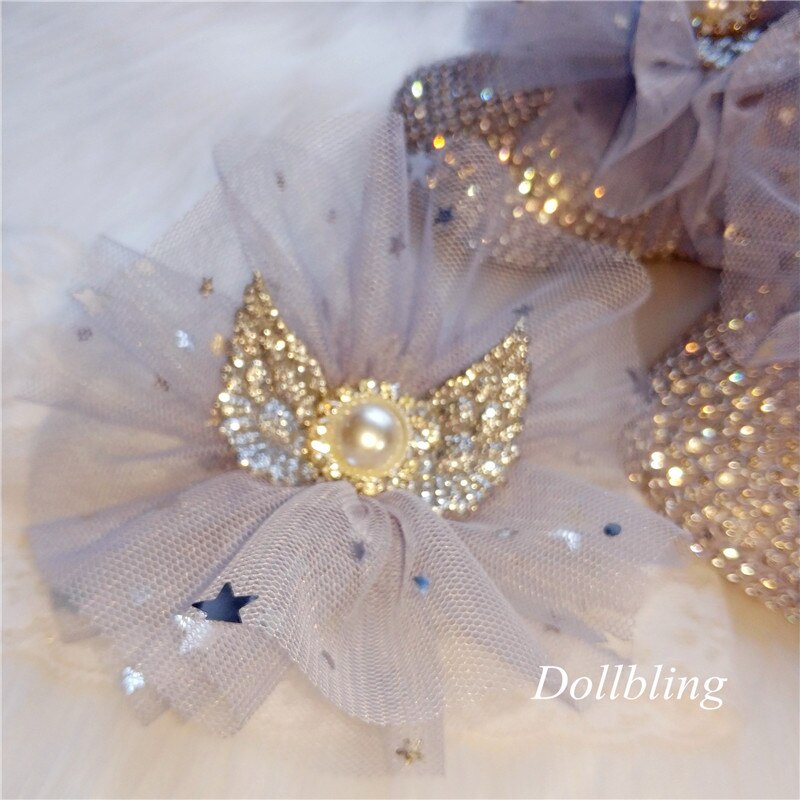 Original bebé hecho a mano azul estrellas gasa perla alas cristal zapatos princesa cumpleaños banquete Luna Llena foto de 100 días