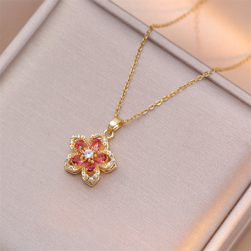 Collar con colgante de flor romántica de circón brillante para mujer, gargantilla de flores giratoria chapada en oro, joyería de lujo para de boda para niñas: Rojo-marrón