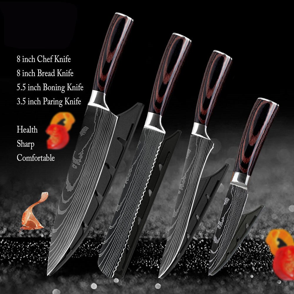 XYj Professionelle Küche Koch Messer Set Japanischen 7CR17 High Carbon Edelstahl Nachahmung Damaskus Muster Kochen Messer Set: 4 Pcs Value set 02