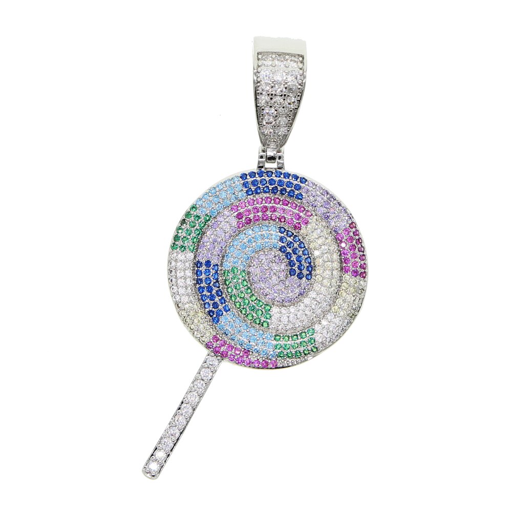 Hip Hop Bling Multicolor Lollipop Pendant Necklace Iced Out Bling 5A Cubic Zircon Tennis Chain Necklace For Women Men Jewelry: Silver Pendant