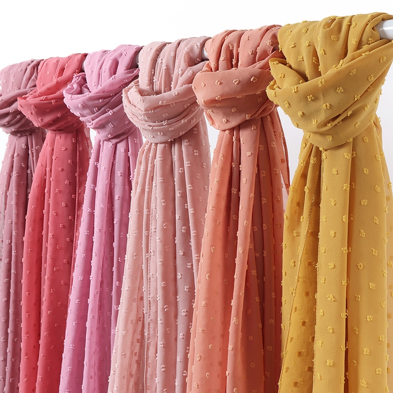 Écharpe longue châle en mousseline de soie | pom bulle, bandeau musulman, maxi points islamiques, écharpe hijab uni