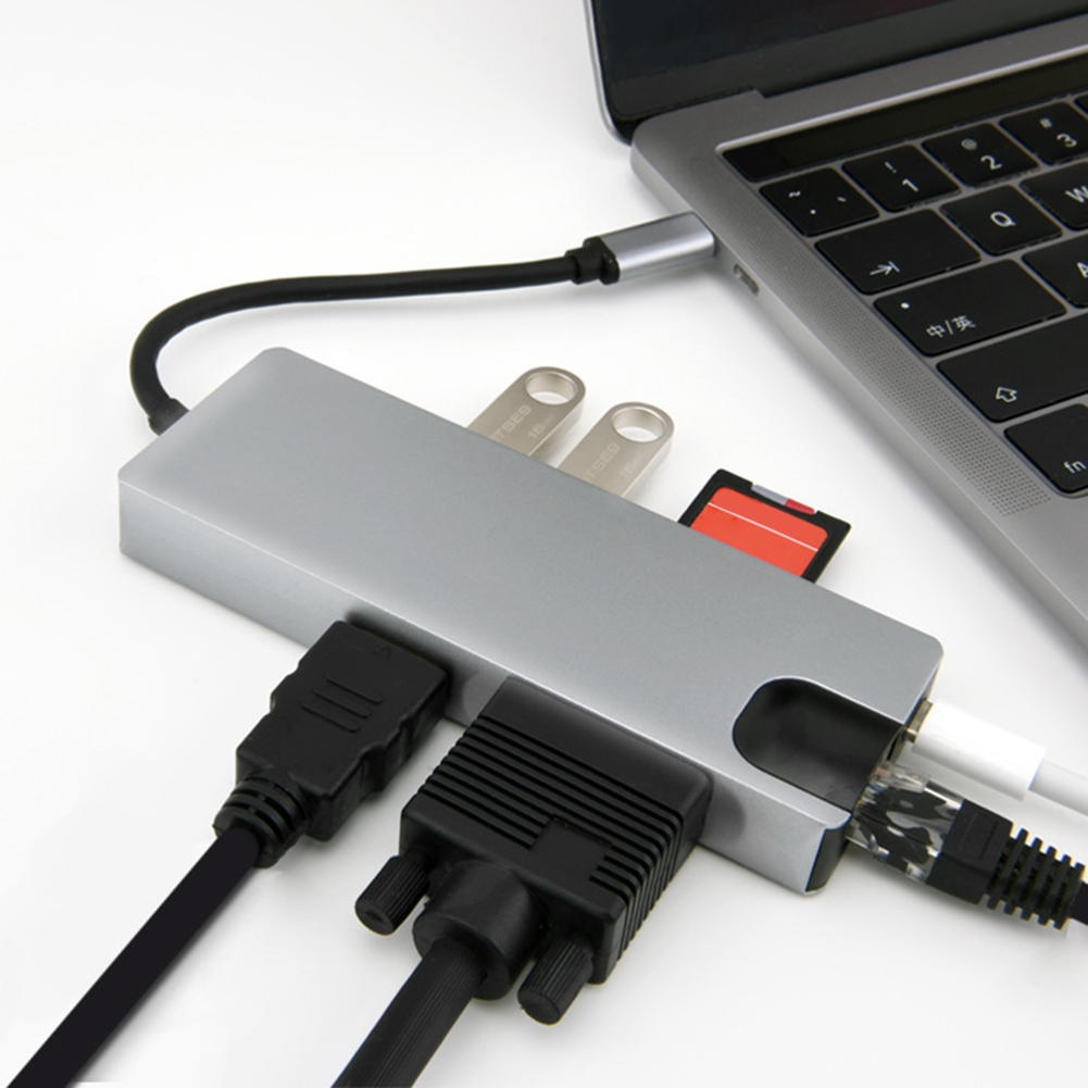 8 in 1 USB Hub Typ C zu 2 USB 3,0 HDMI Laptop Docking Bahnhof Energie Adapter VGA RJ45 PD kartenleser Adapter HW-TC12