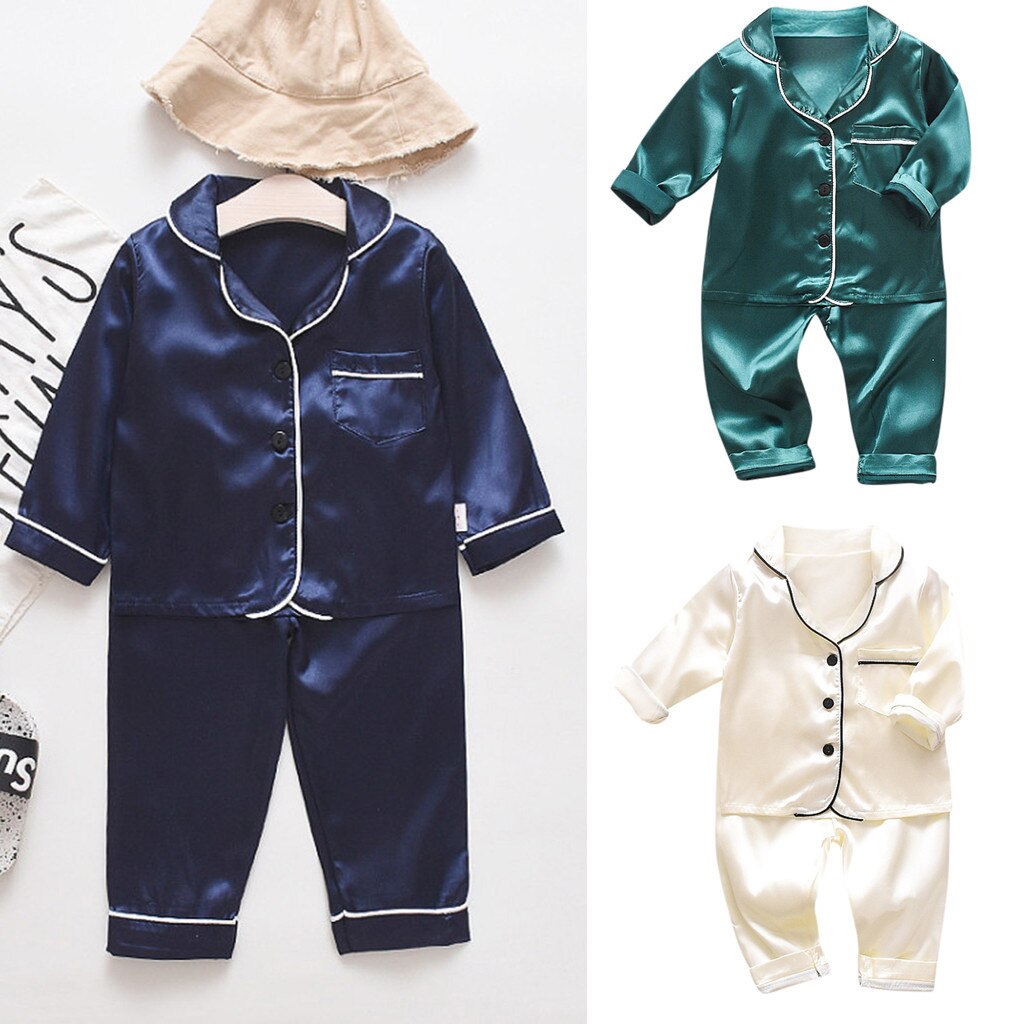 Ropa de dormir para niños pequeños, trajes de camisas de manga larga de color liso y pantalones, pijamas, trajes de casa