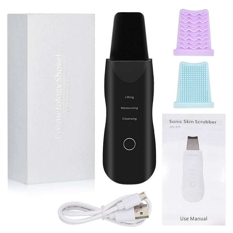 Ultrasonic Scrubber Deep Cleansing Face Scrubber Facial Cleansing Shovel Exfoliating Skin Scraper Peeling Beauty Instrument: black