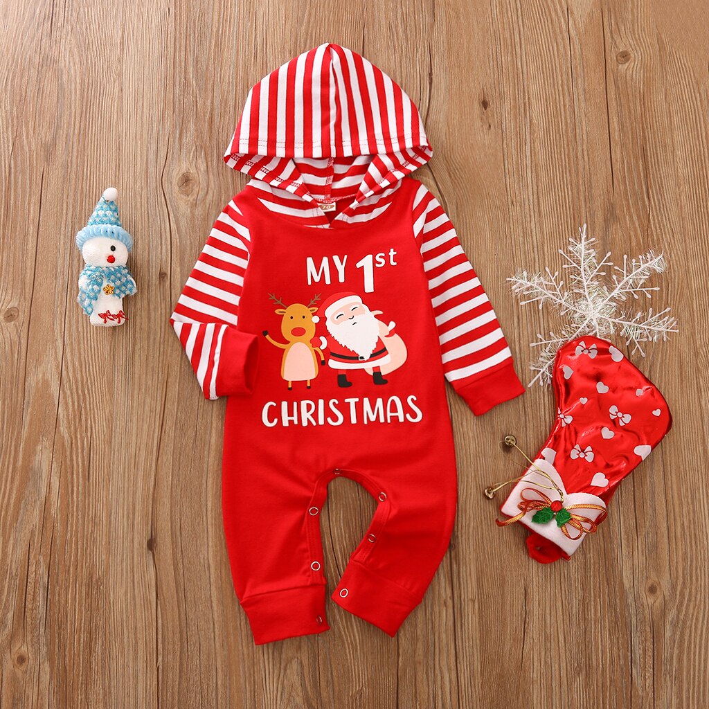 Nyfødt spædbarn baby drenge piger jule jumpsuits hættehals stribe lange ærmer tegneserie lang romper overall tøj