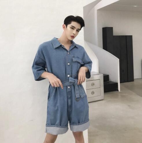 Summer Men clothing loose denim jumpsuit tooling short sleeves wide-legged pants set hairstylis costumes M-XXL