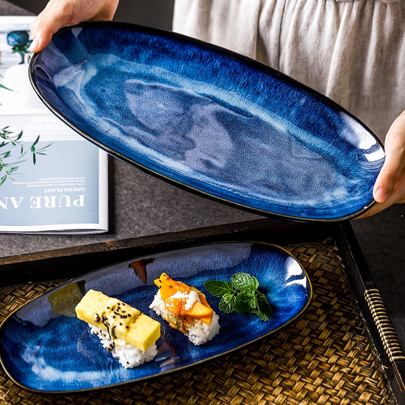 Kinglang Japanse Stijl Oven Cat Eye Blauwe Vis Plaat Huishouden Gestoomde Vis Plaat Grote Glazuur Kleur Sushi Plaat