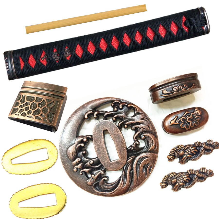 Ocean waves Theme Sword Guard for Katana/Wakizashi Fittings Set Kirsite Tsuba+Menuki+Fuchi+Kashira+Handle+Habaki+Seppa Metal Cra: A