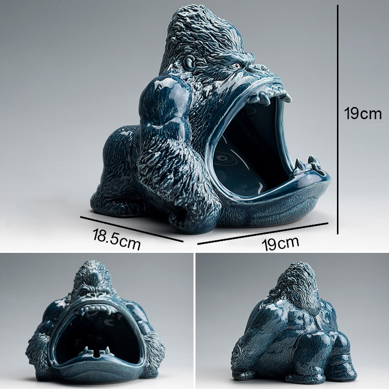 Cute Cartoon Small Animal Ashtray Gorilla Anti-Fly Ash Ceramic Household Living Room Car Ashtray: L-Blue