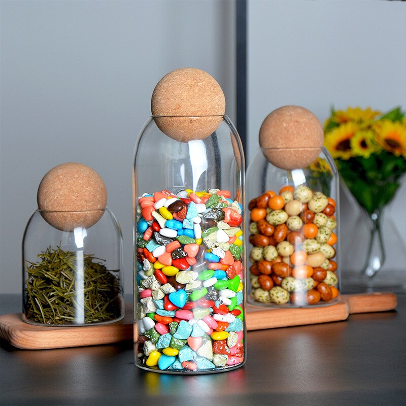 Clear Glass Jar Bottle Kitchen Storage Jars with Cork Ball Lid Airtight Canister Beans Granis Candy Kitchen Storage Organizer
