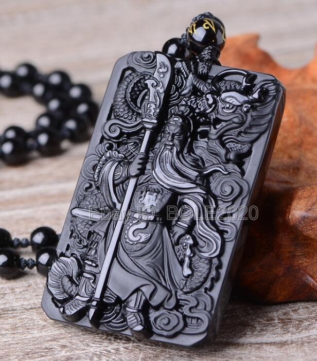 Beautiful Chinese Handwork Natural Black Obsidian Carved Sword GuanGong Lucky Amulet Pendant + Beads Necklace Jewelry