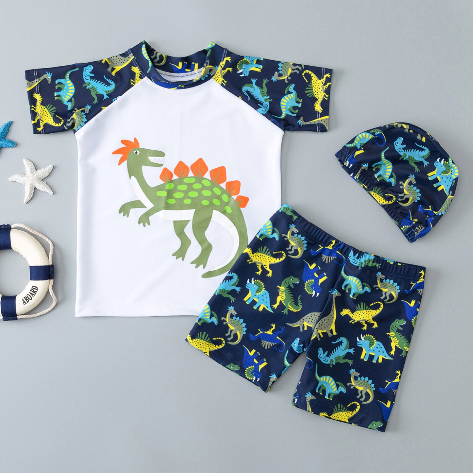 Zomer Baby Boy Badmode Jongens 3Pcs Badpak Dinosaurus Badpak Badmode Kinderen Badpak Strand Cartoon Korte Mouwen Badpak