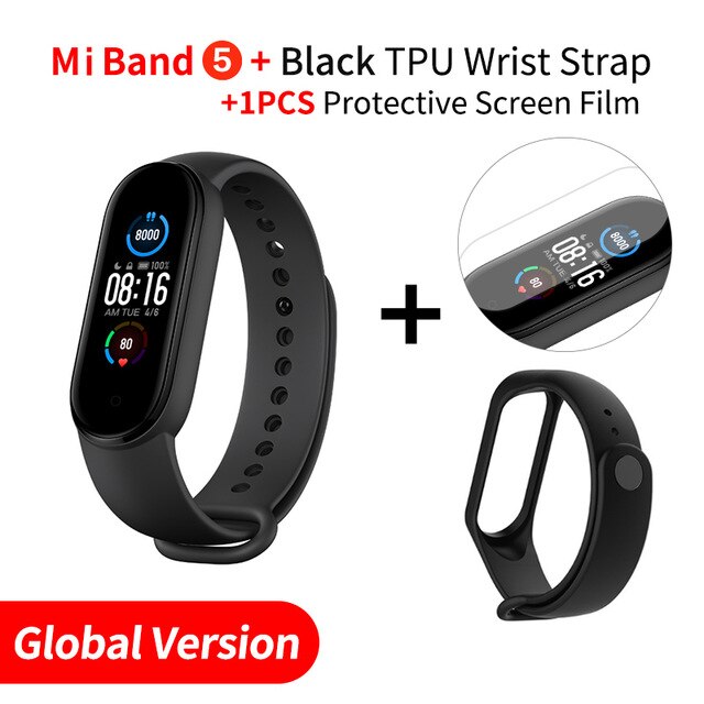 Original Xiaomi Mi Band 5 Global Version Smart Miband5 Bracelet Sport Heart Rate Fitness Tracker Bluetooth Waterproof BT5.0: Add Black Strap