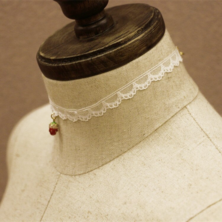 Harajuku Accessoires Wit Kant Zoete Aardbei Choker Ketting Voor Vrouwen Lolita Kawail Charm Asethetic Sieraden Party