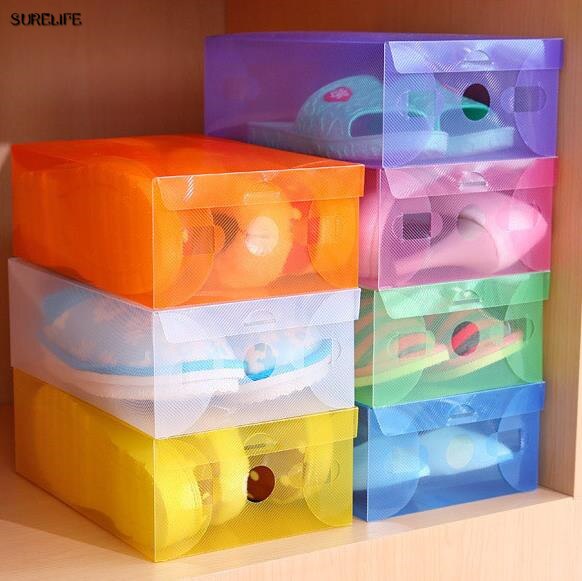 10 stks kinderen/vrouwen/mannen transparante kleur plastic schoen winkel doos vouwen box frame